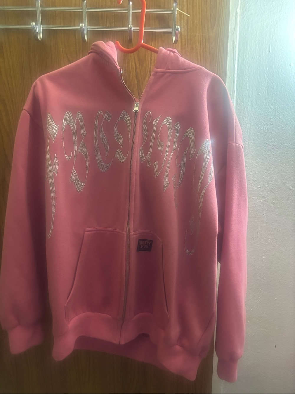 Pink  Zip-Up Hoodie Jacket with Rhinestone Script